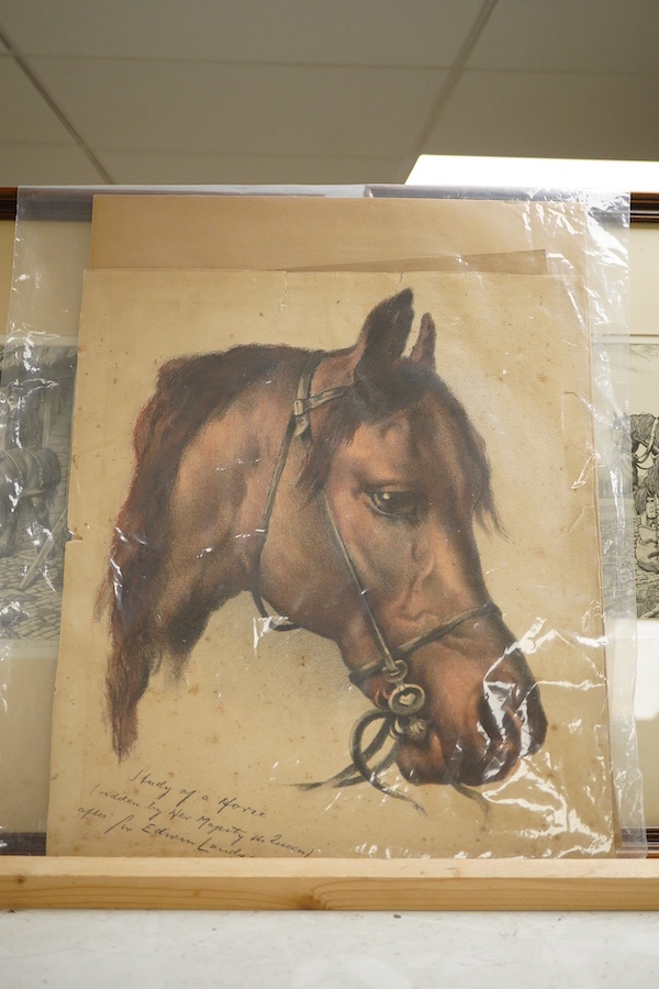 Stanley Anderson RA, RE (1884-1966), 'Good Companions' and 'Three Good Friends', each signed in pencil and Ed. 65, pair of line engravings together with a print after Sir Edwin Landseer R.A., Study of a horse ridden by H